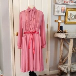 Vintage 70's Union Made Sheer Pink Lace Dress Prairie High Neck Cottage Chic